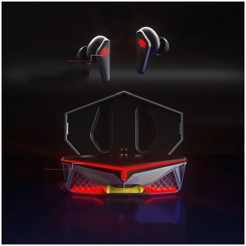 K98 Black TWS Bluetooth earbuds and charging case for gaming with 15m range.
