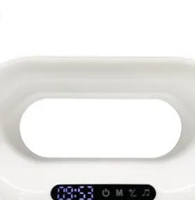 White smart desk lamp with wireless charging pad, LED lighting and alarm clock display