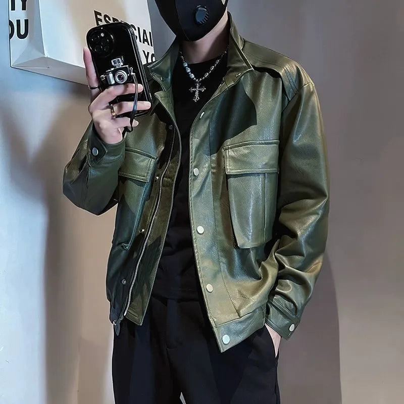 Korean-style men's black PU leather jacket with straight hem and side pockets