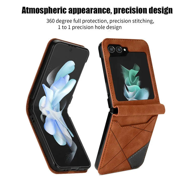 Samsung Z Flip folding phone case with patchwork pattern and multi-card storage slots