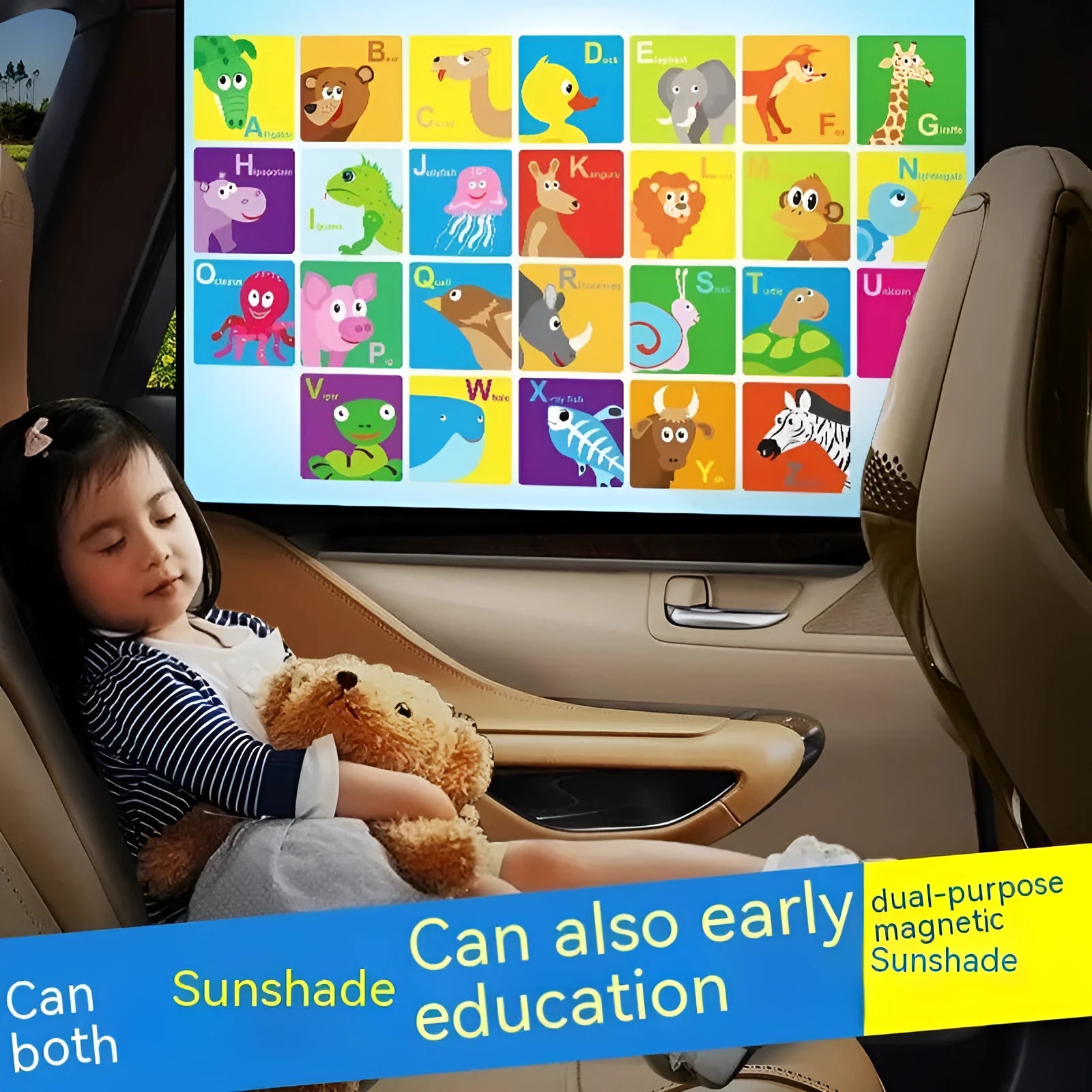 Automatic retractable magnet car sunshade with cartoon anime patterns including animal recognition and letter designs