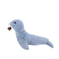 Blue sea lion shaped plush cat toy with bell, catnip section and teeth grinding texture