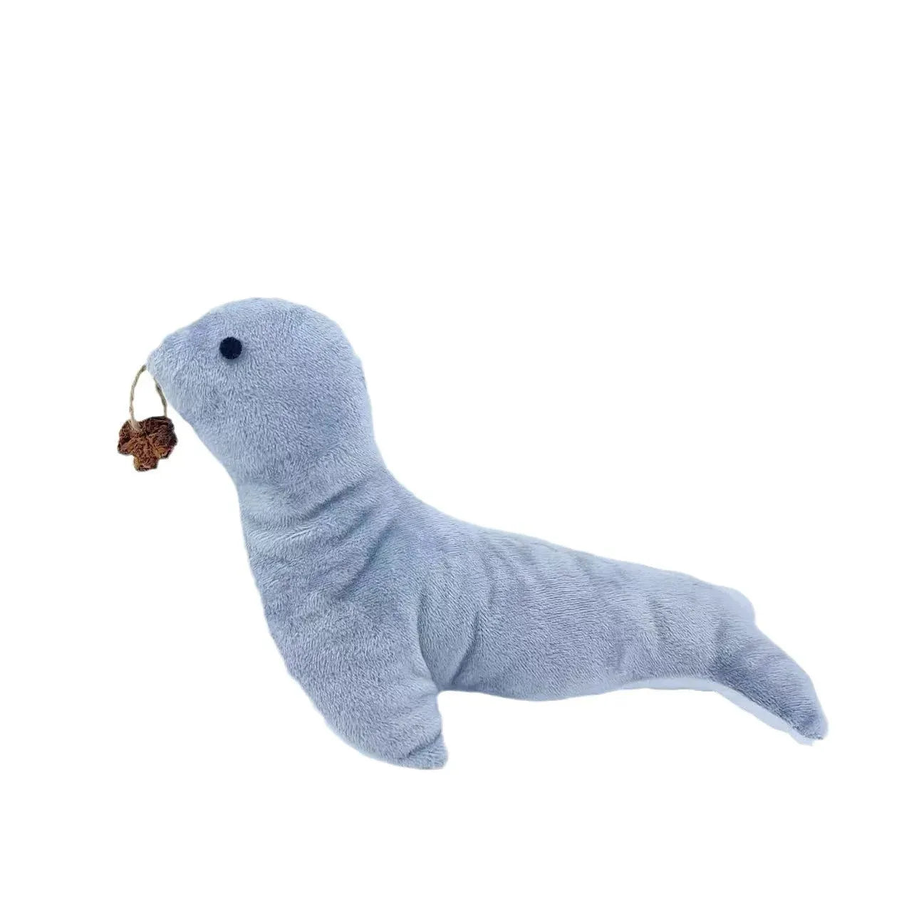 Blue sea lion shaped plush cat toy with bell, catnip section and teeth grinding texture