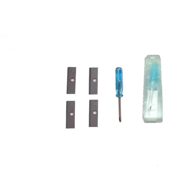 Geometric plastic pencil sharpener with four holes and an included screwdriver tool.