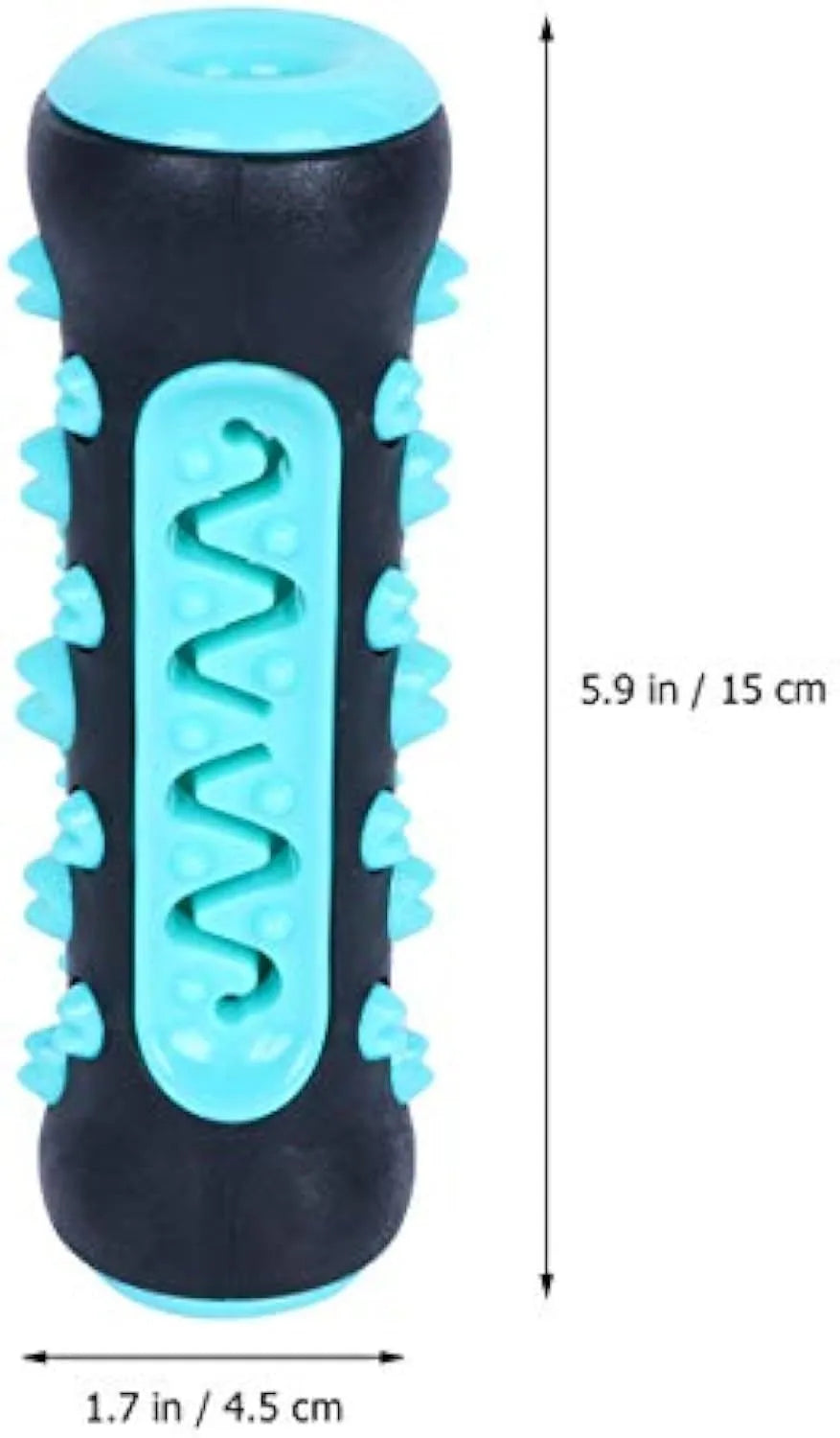 Natural rubber dog dental chew toy in blue, shown as a toothbrush-shaped stick for teeth cleaning.