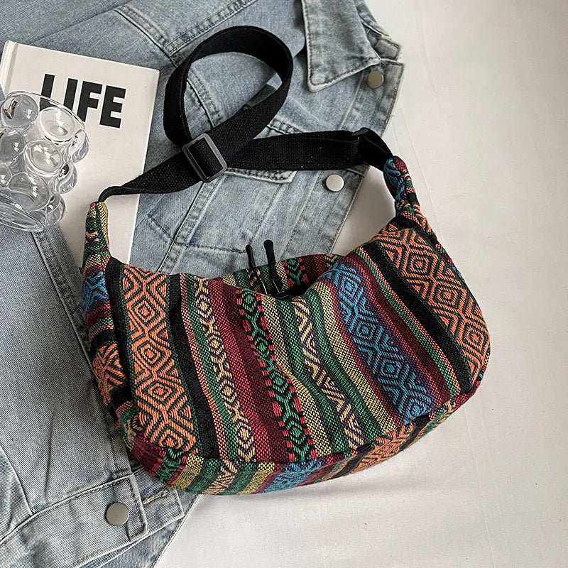 Women's ethnic style dumpling-shaped crossbody bag in canvas material with decorative sewing details
