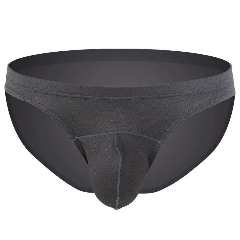 Men's loose-fit nylon underwear shown in blue, with a transparent, breathable fabric texture visible.