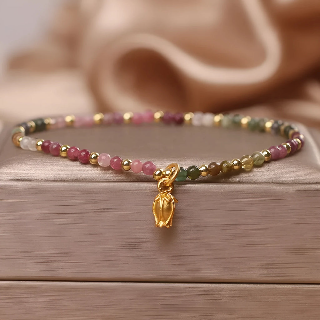 Natural tourmaline floral beaded anklet for women with adjustable chain and colourful gemstones