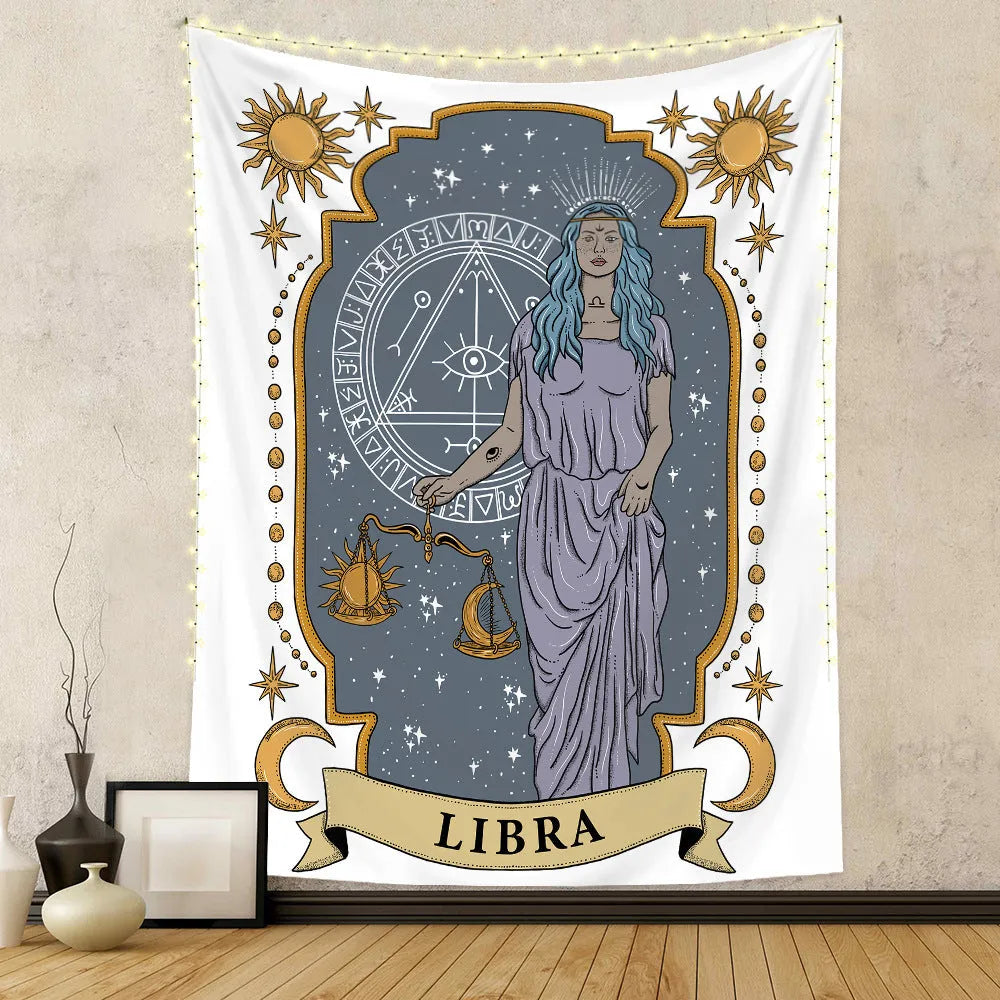 Polyester rectangular tapestry with skull, constellation, and tarot design, digital thermal transfer print, 100x150cm size