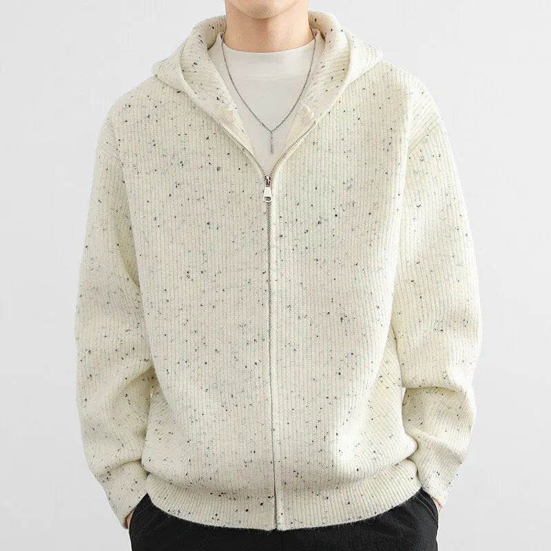 Hooded thickened cardigan sweater in apricot, loose fit, polyester blend, front view