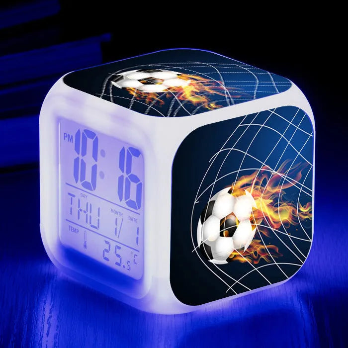 Square plastic alarm clock with football pattern design and silent alarm function for children's bedrooms