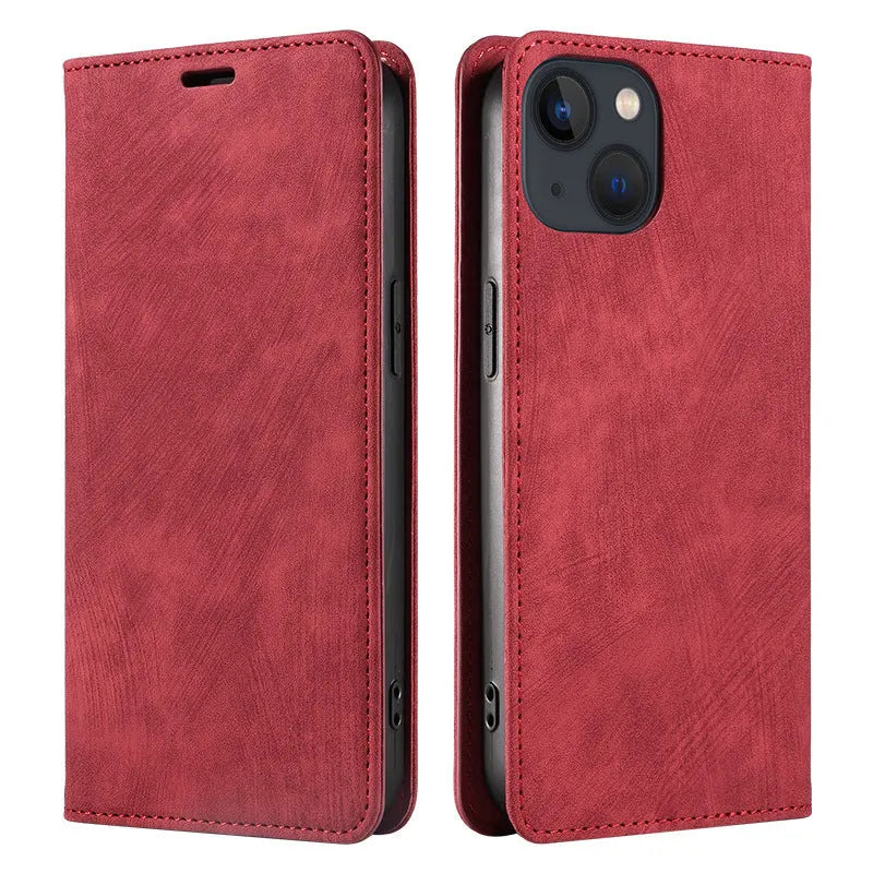 Magnetic flip phone case for iPhone in leather and TPU, shown closed with secure magnetic clasp.