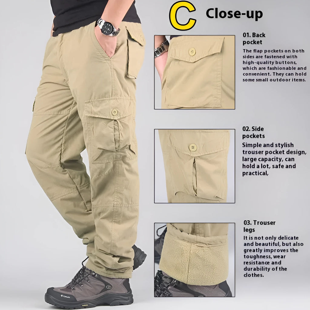 Men's thick khaki velvet overalls with a wool lining, showing loose straight-leg fit.