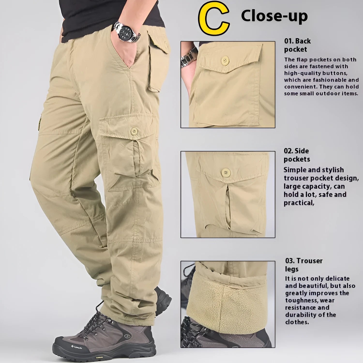 Men's thick khaki velvet overalls with a wool lining, showing loose straight-leg fit.