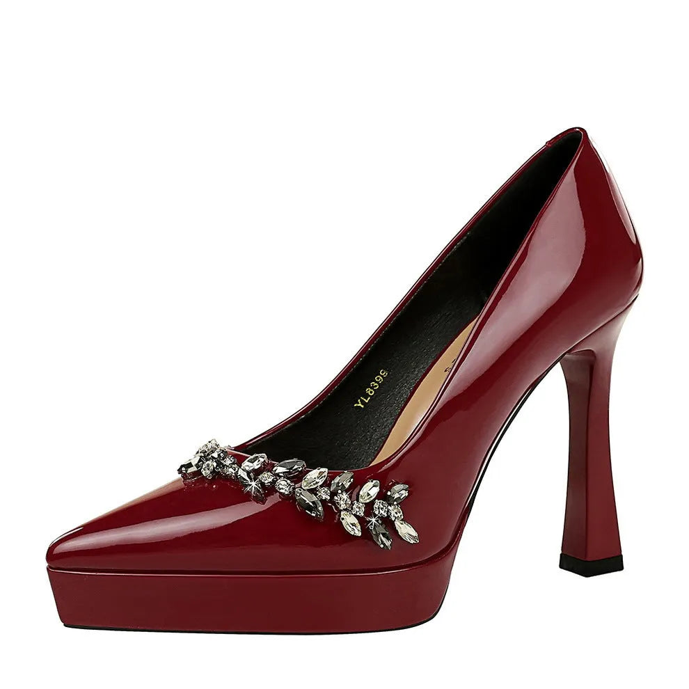 Patent leather platform stiletto pumps with ultra-high block heel, pointed toe, slip-on design, solid colour, sizes 34-40