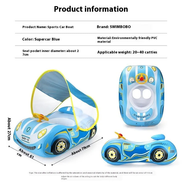 Pink inflatable car-shaped swimming ring with cartoon sports boat design for children.