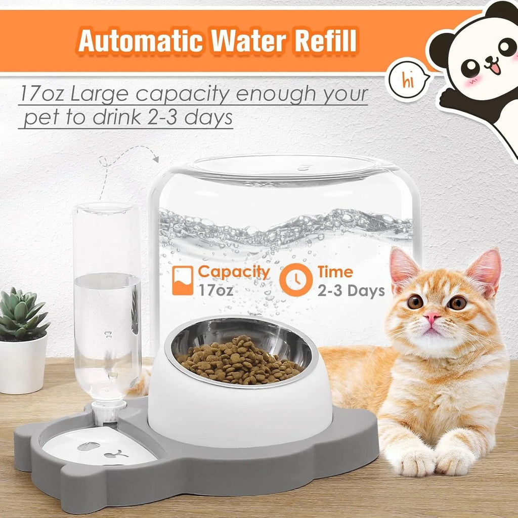 Grey panda-shaped tilted pet feeder with stainless steel bowls and a large automatic water bottle on a wide base.