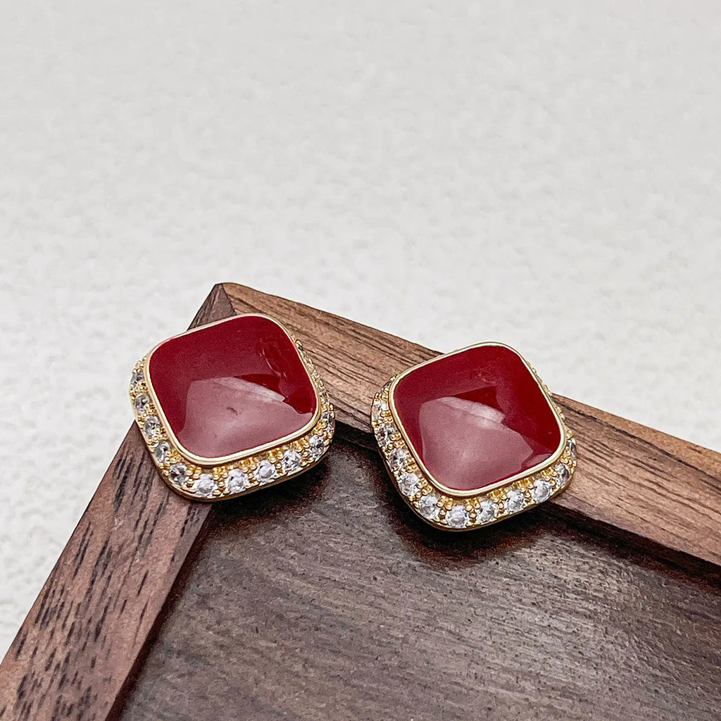 Retro red geometric square alloy earrings with inlaid detailing and seiko treatment