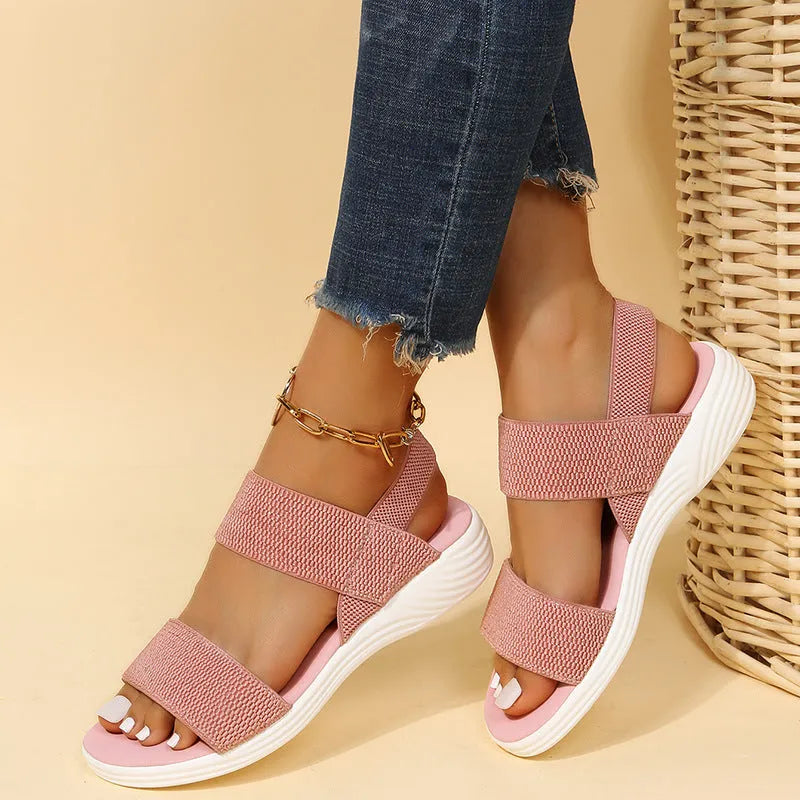 Women's platform beach sandals double strap Roman style round toe faux leather solid colour black elastic slip on shoe