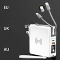 Black and white Super QI wireless power bank with fold-out international plug pins and USB-C port.