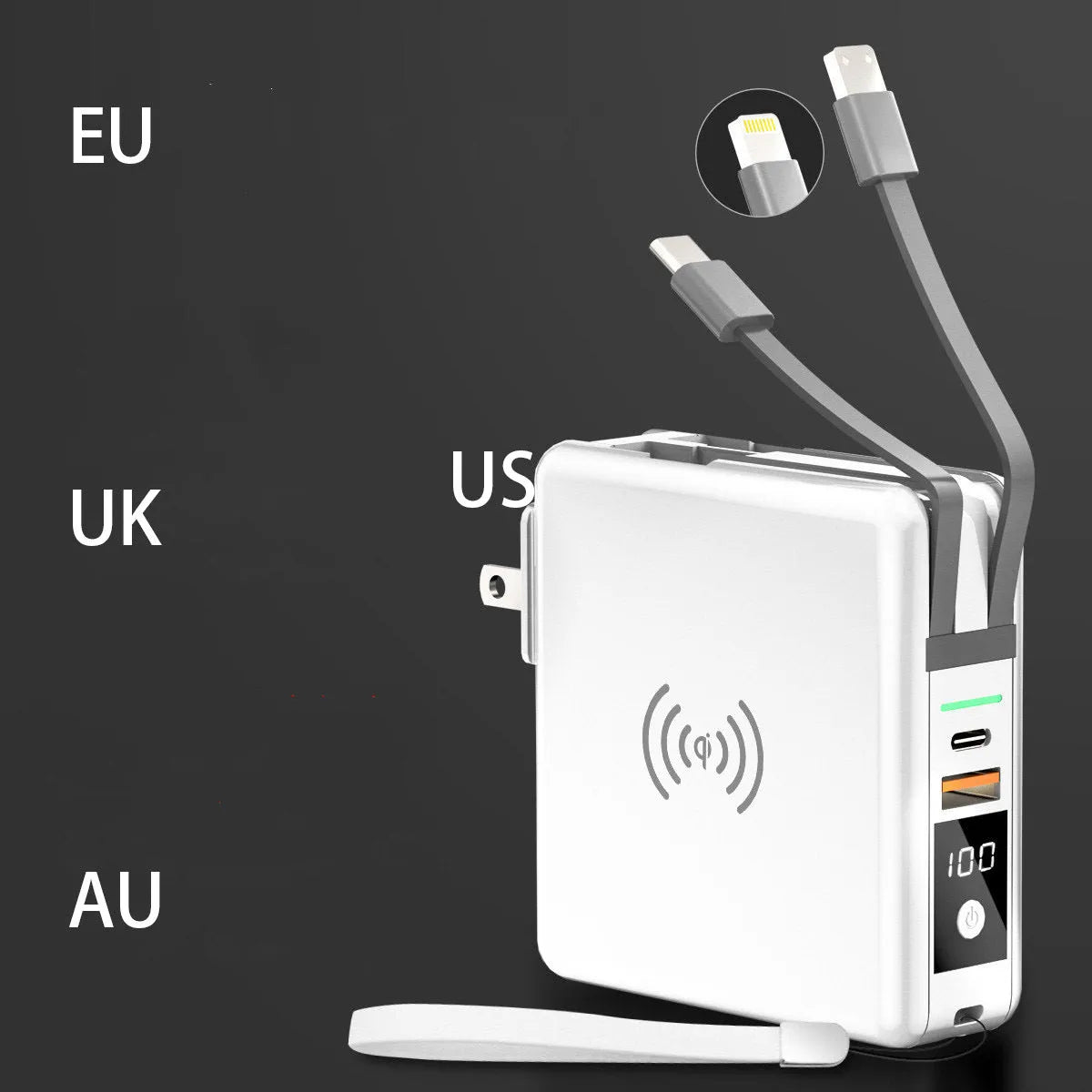Black and white Super QI wireless power bank with fold-out international plug pins and USB-C port.