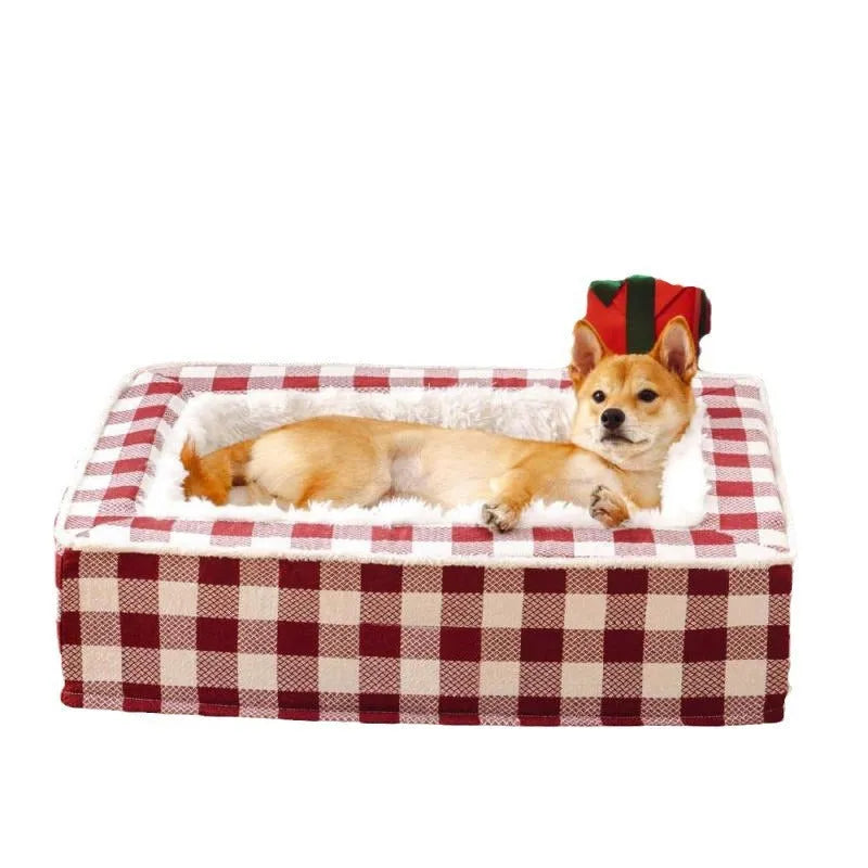 Classic plaid removable dog kennel mat in red, shown inside a wire crate
