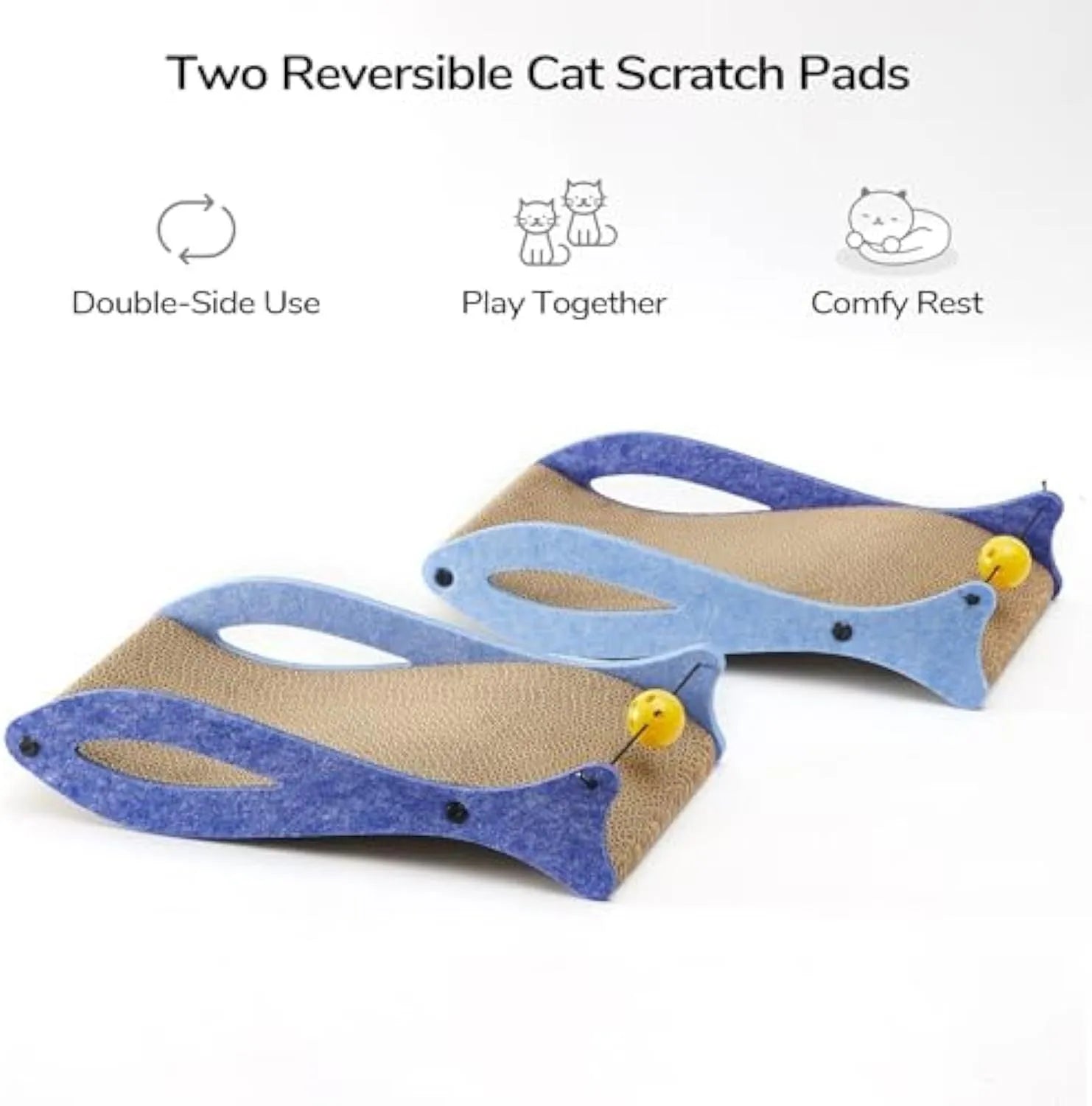 Blue fish-shaped cardboard cat scratcher lounge with a bell ball toy attached.