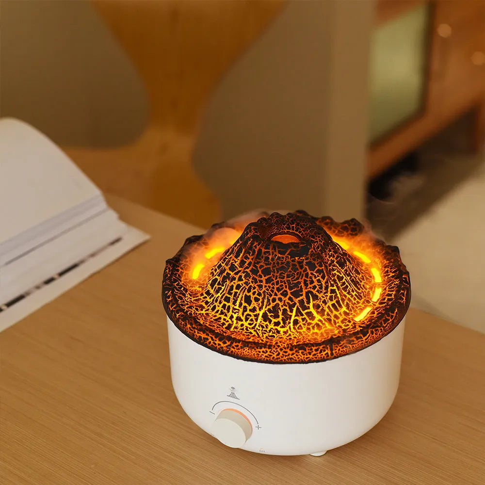 White columnar volcanic humidifier with simulated flame lighting and remote control