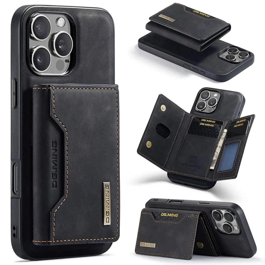 Magnetic card case for iPhone XR and iPhone 16 series in retro PU leather with card holder and glass back, available in five colours.
