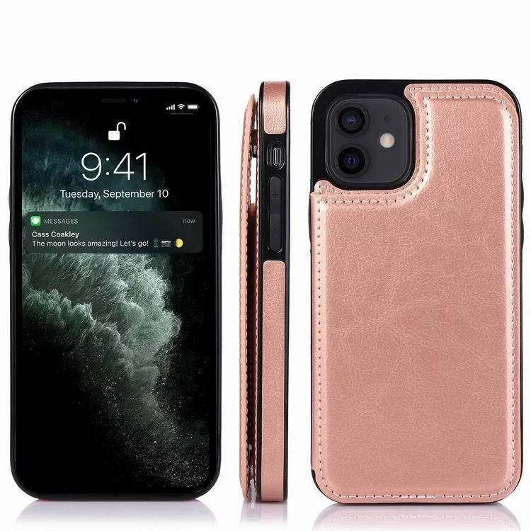Brown Crazy Horse pattern leather-look iPhone 13 case with a double buckle belt holster attached.