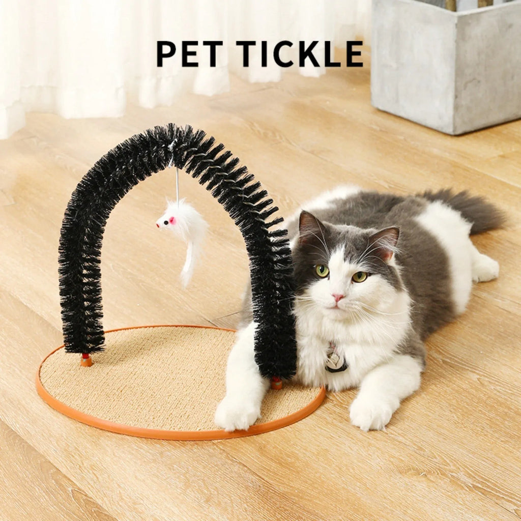 Black plastic arch-shaped cat grooming brush and scratching post with attached mouse toy