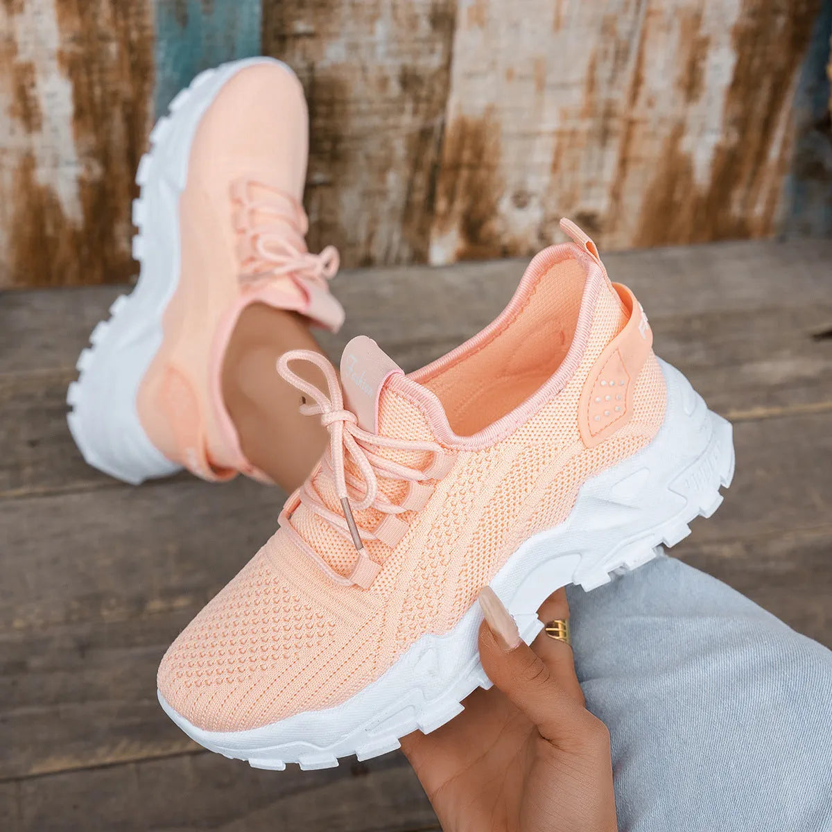 Women's Flyknit mesh sports casual shoes in multiple colours with flat heel and lace-up closure