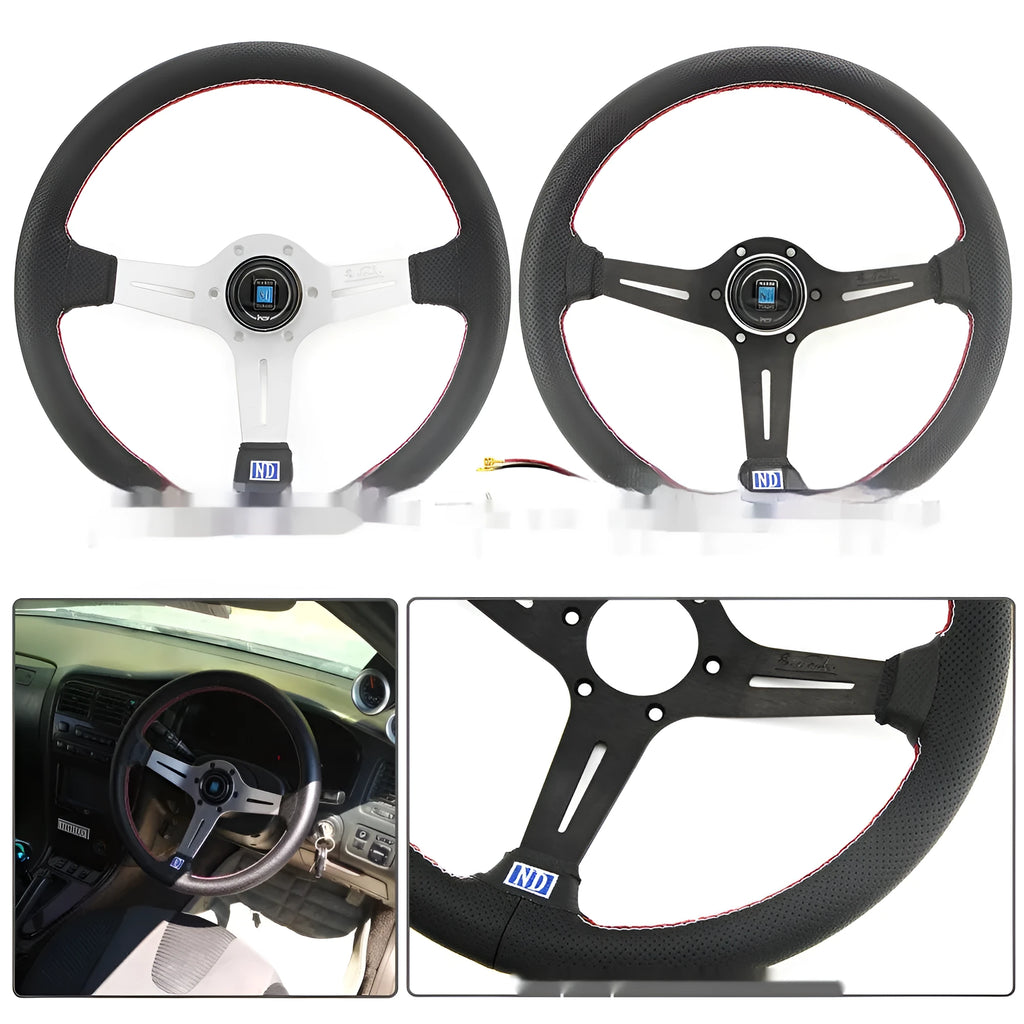 Leather-wrapped 14-inch steering wheel with a middle concave rim on a black metal skeleton.