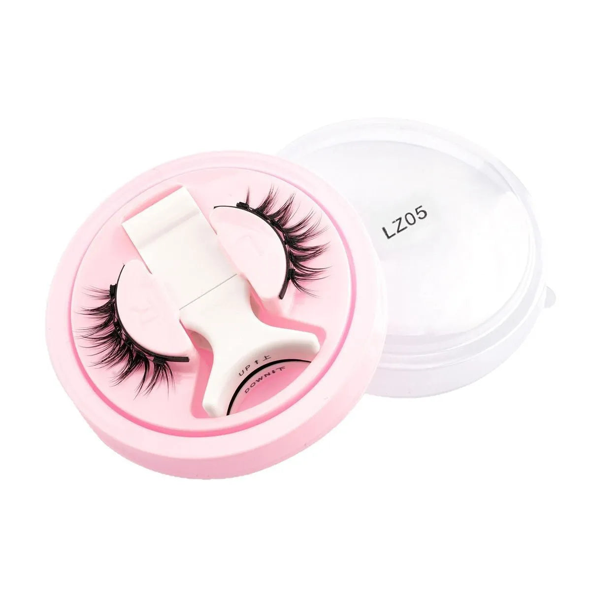 Set of five pairs of reusable, waterproof, glue-free false eyelashes on a clean background.