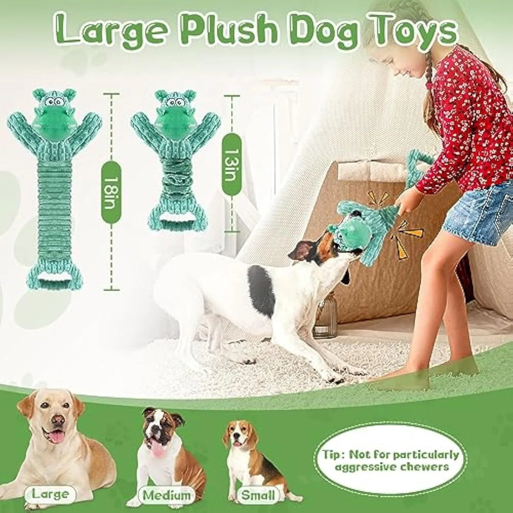 Large squeaky plush dog toy in hippo or monkey design with telescopic handle for tug of war