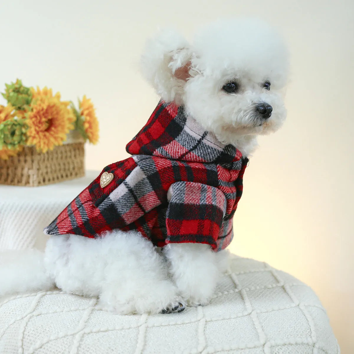 Red plaid trench coat for pets with size options from XS to XL for autumn and winter wear