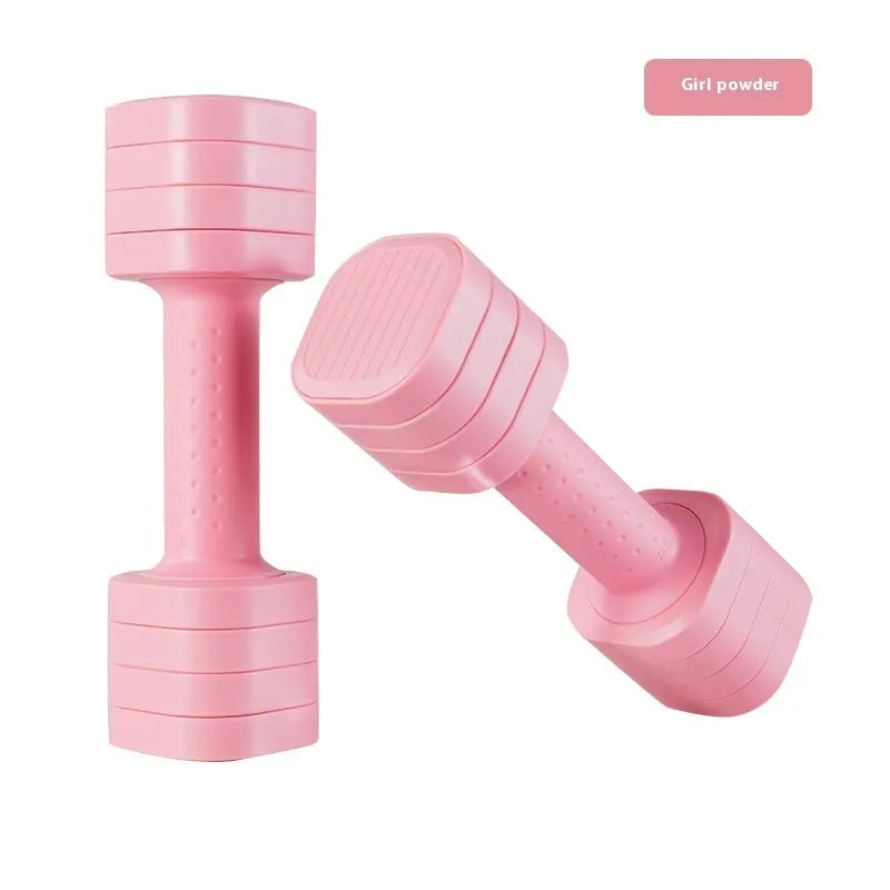 Set of pink and blue detachable 5lb dumbbells for women's fitness on a grey background.