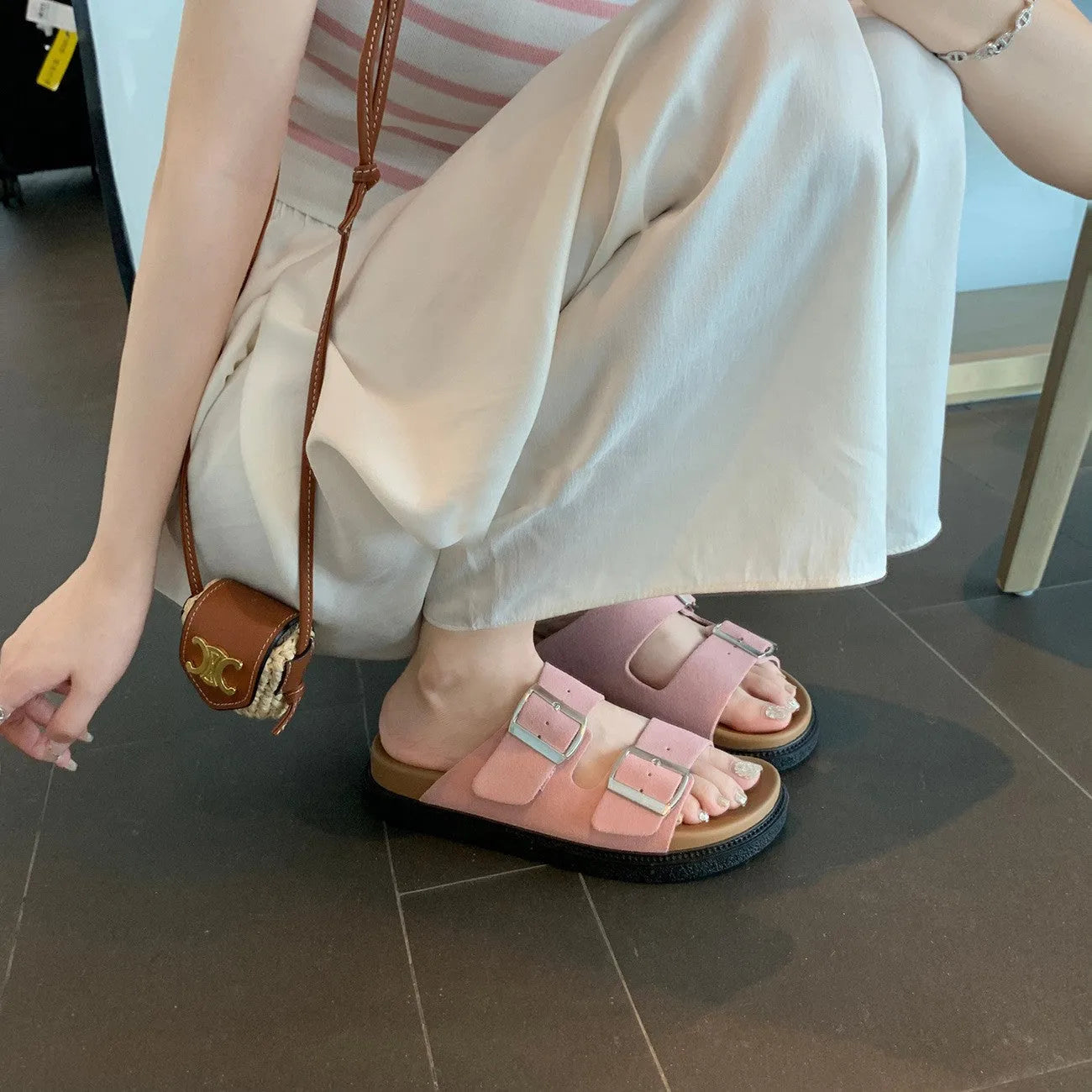 Women's casual summer slippers with belt buckle, microfiber upper, round toe, available in multiple colours and sizes 35-40