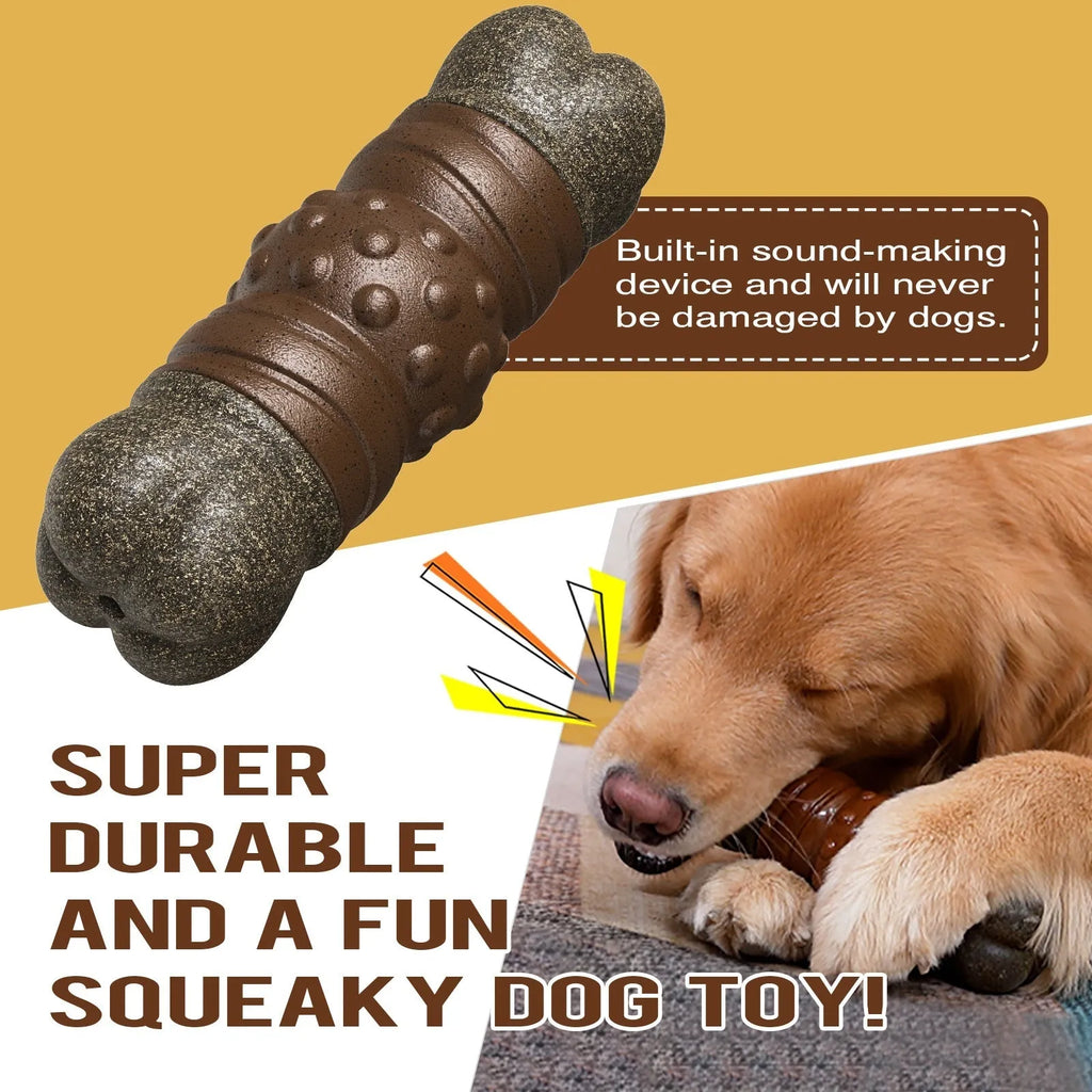 Wood colour plastic sounding bone dog dental toy, a molar rod designed for teeth cleaning.