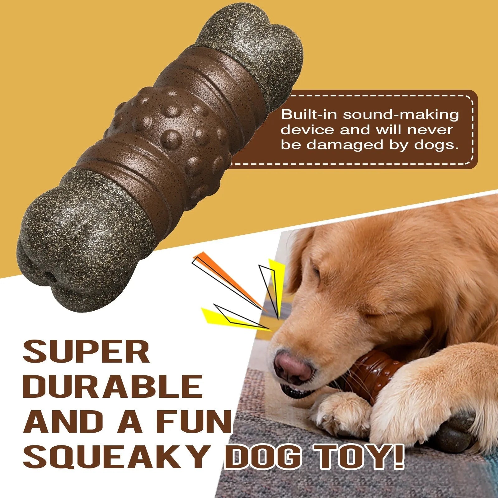 Wood-coloured plastic bone-shaped dog chew toy designed as a molar rod and toothbrush.