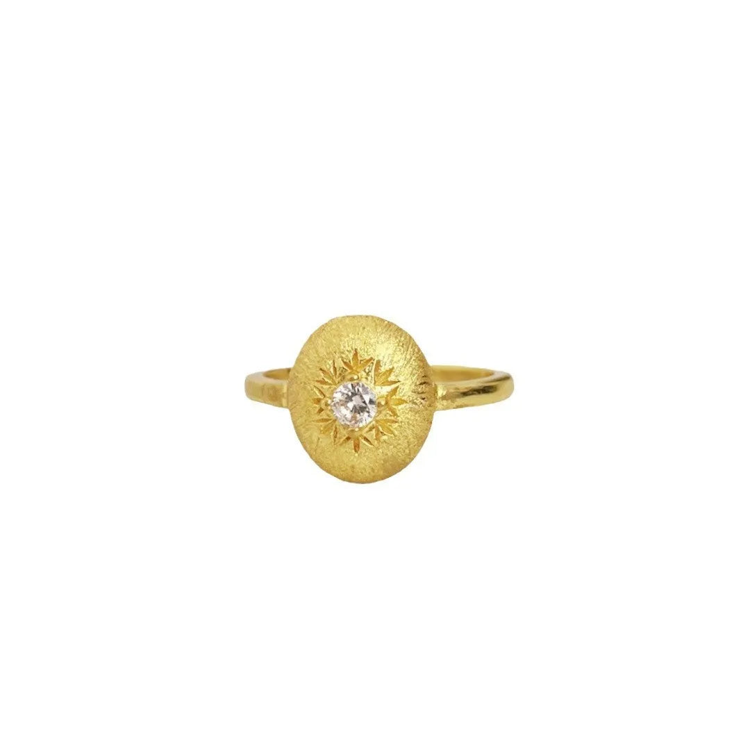Vintage French retro adjustable copper ring with carved snowflake and star motif in gold colour