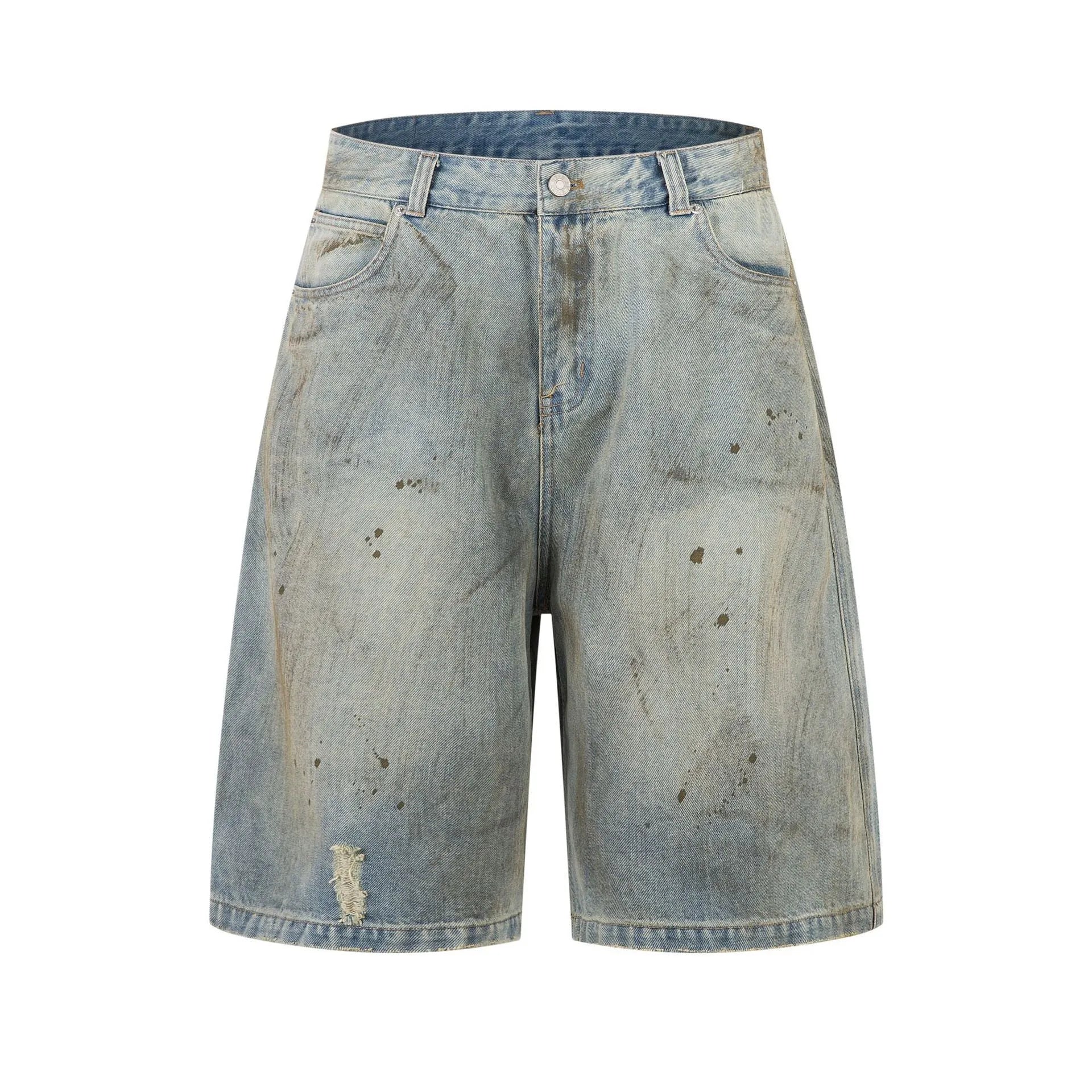 Blue cropped denim middle pants with straight leg design and zipper fly opening on hanger