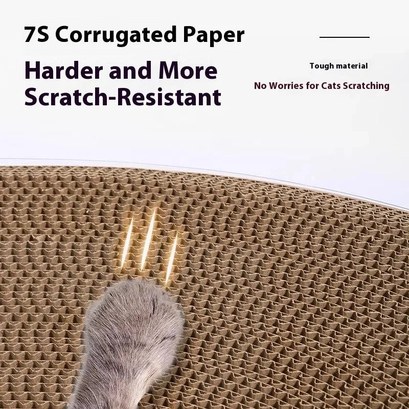 Transparent PVC tunnel attached to a white corrugated cardboard scratch board for cats