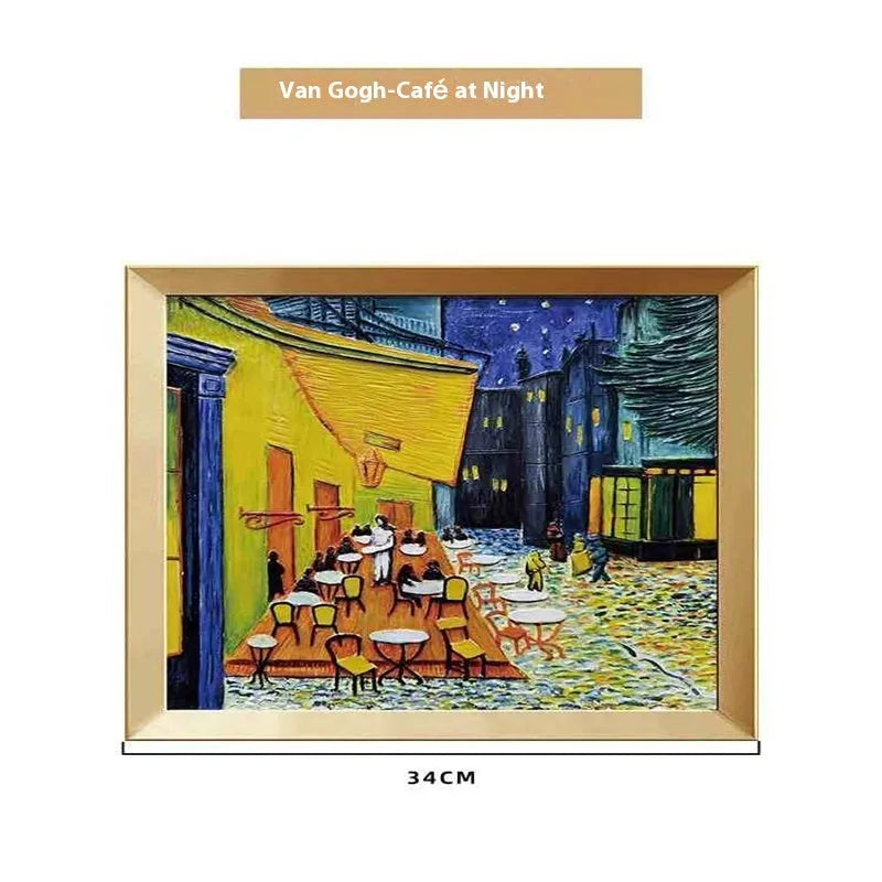 DIY paint-by-numbers kit showing canvas, acrylic paint pots, and brushes for recreating Van Gogh's Starry Night.