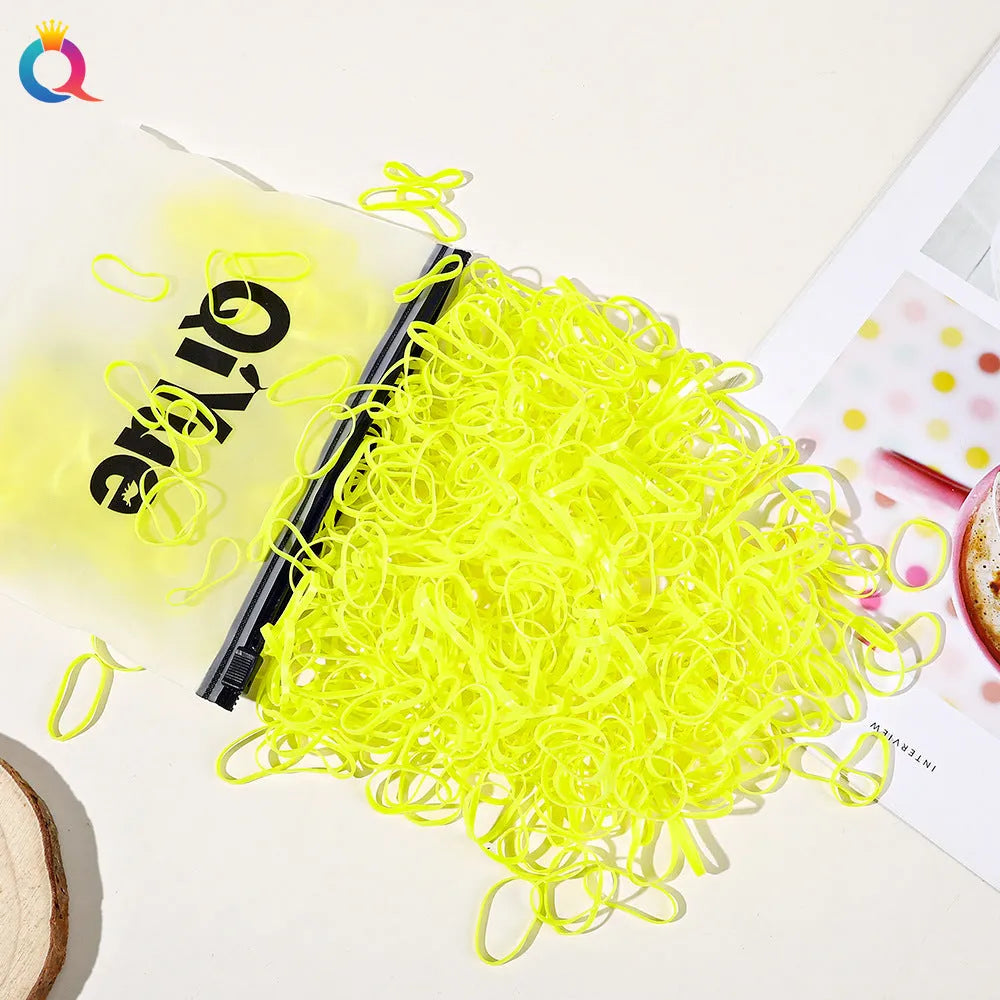 Children's hair rubber bands in various colours, cartoon Korean style, strong pull, disposable, 1000pcs or 500pcs pack.