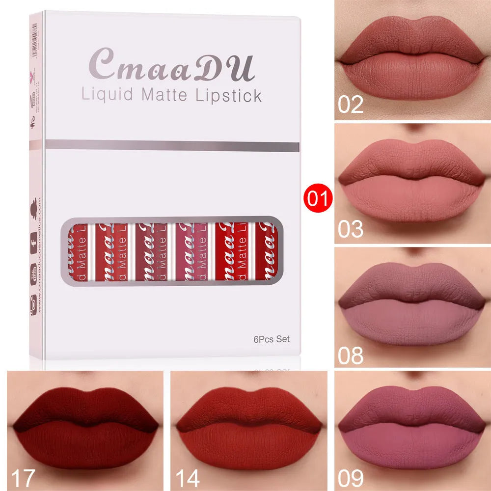 Six boxes of matte non-stick cup waterproof long lasting lip gloss, 2.5mL each, multivitamins, styles A to F
