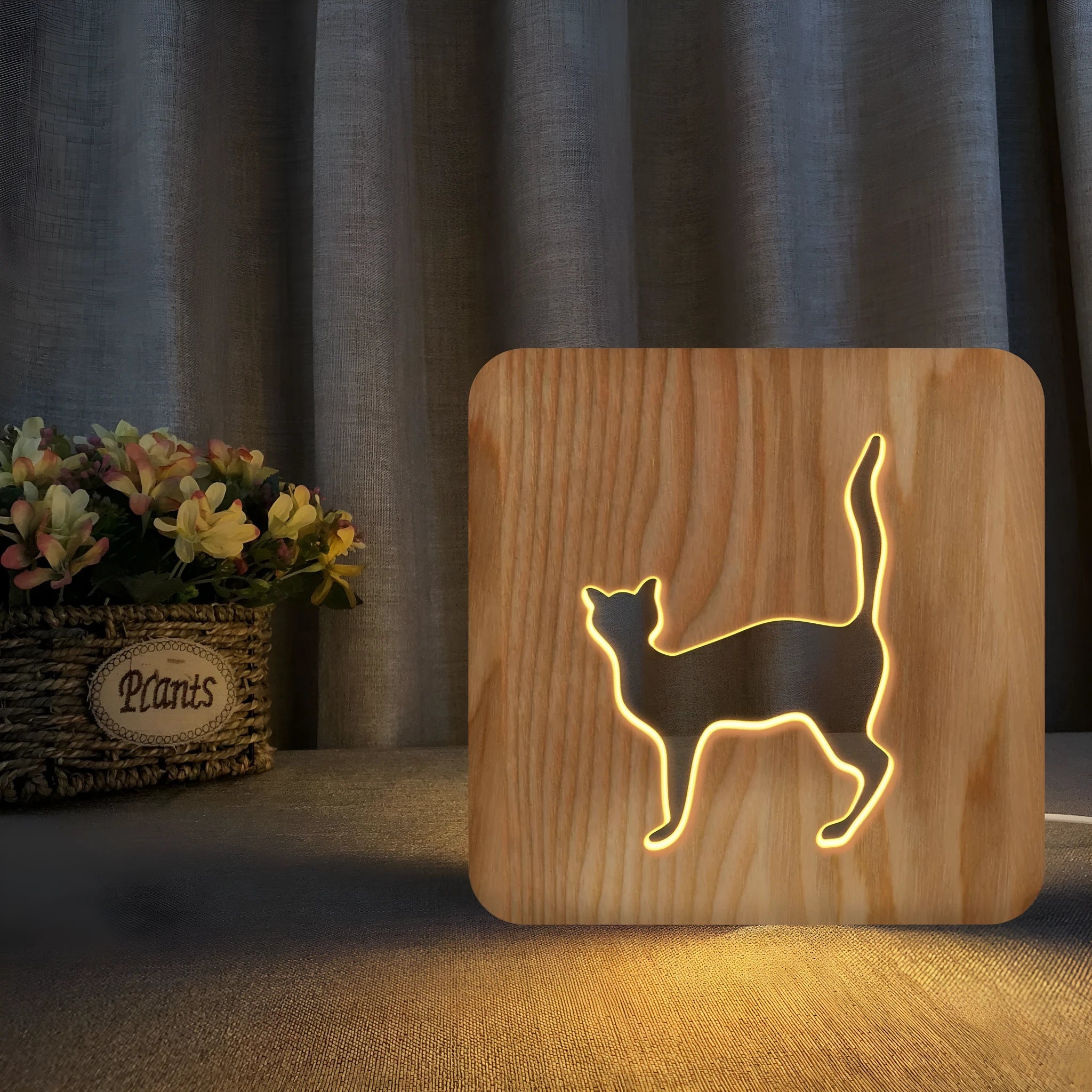 Wooden cat-shaped 3D night light with hollow design and USB power cord