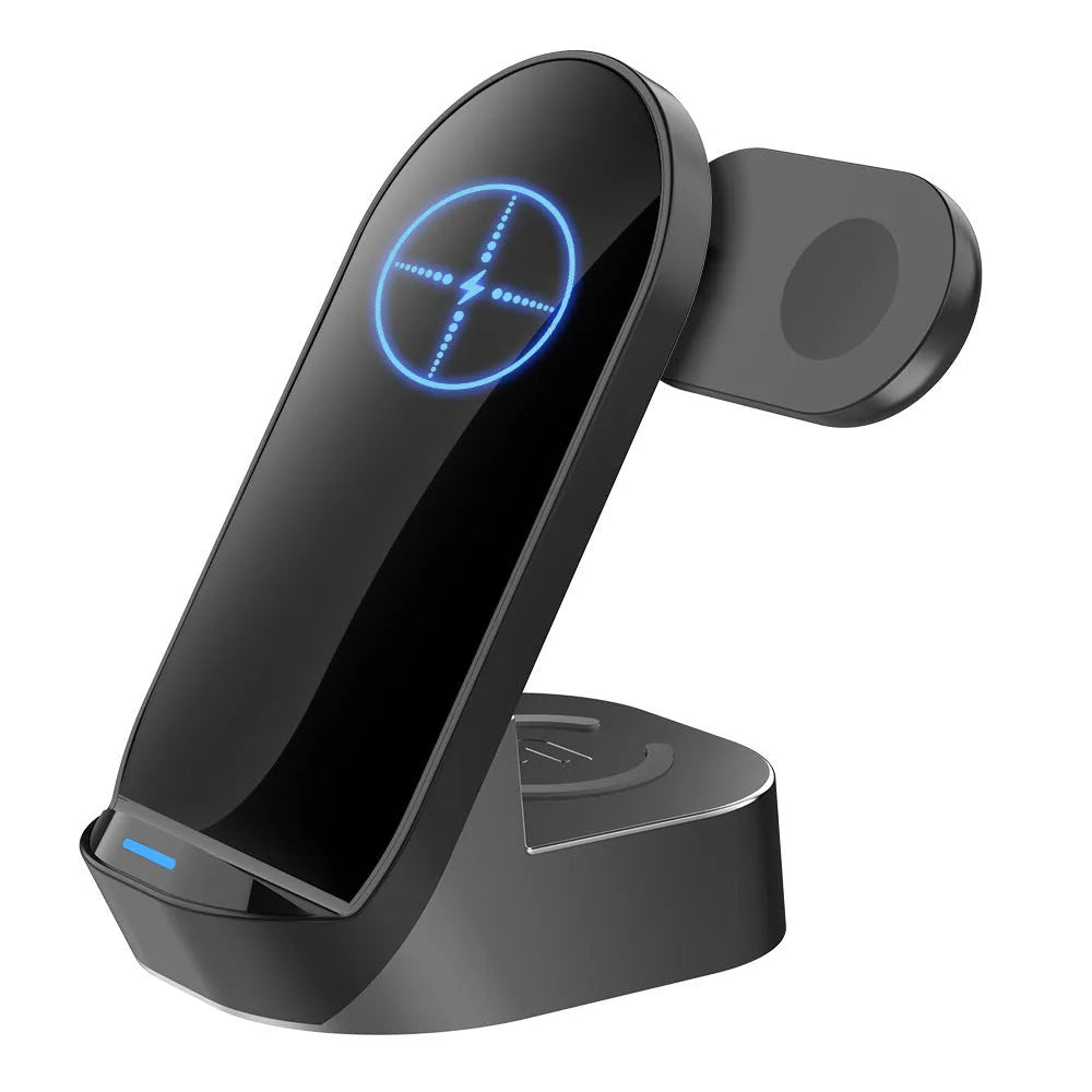 Black-grey foldable 3-in-1 wireless charger stand holding a phone vertically with a watch and earbuds charging on base.