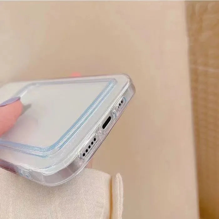Transparent Apple iPhone wallet case showing card slots and clear PVC construction