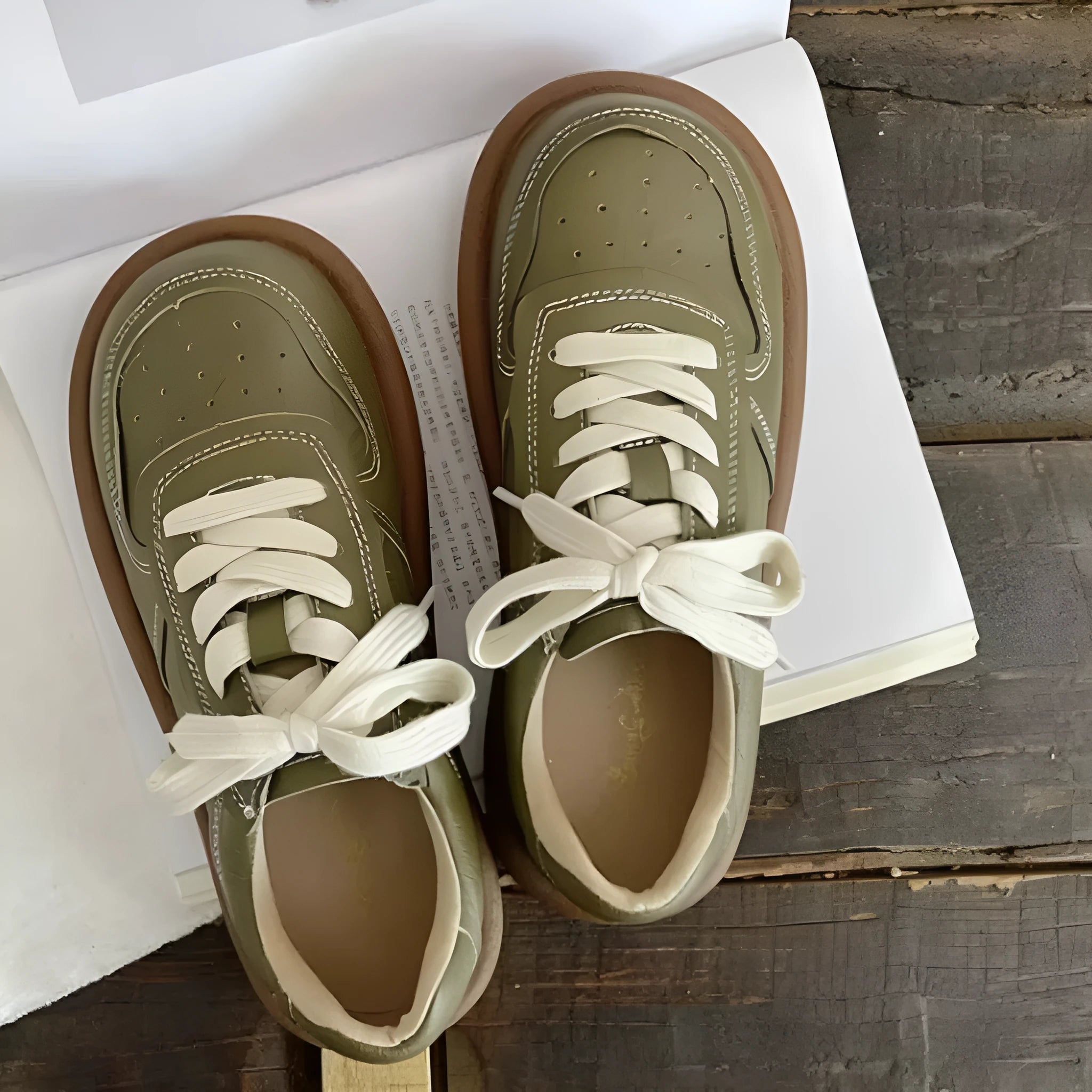 Artistic round-toe flat lace-up shoes in cowhide split leather, available in black green and offwhite